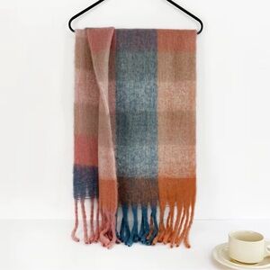 Reversible Mohair Plaid Scarf, Orange Blue Tassel Shawl